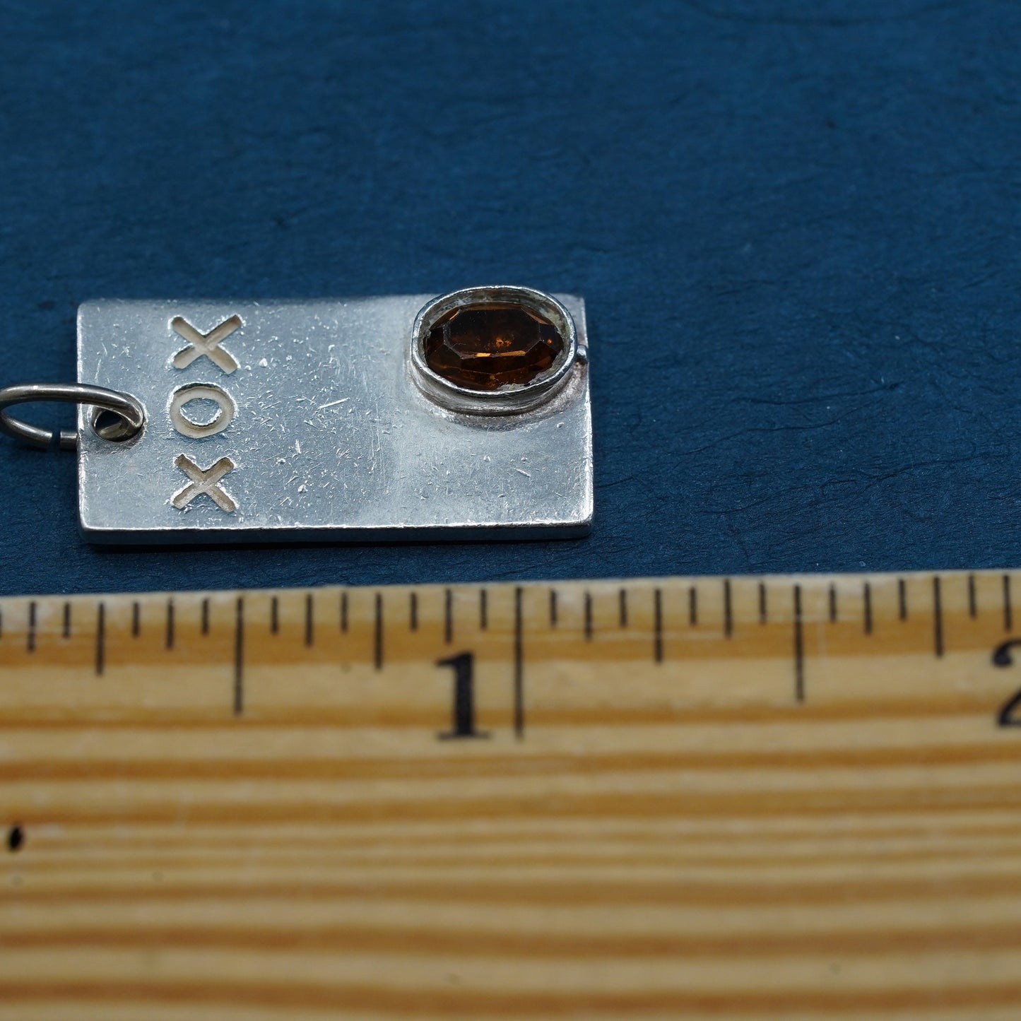 Sterling silver pendant, rectangular 925 tag charm embossed “XOX” with citrine