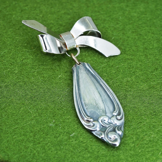 Vintage antique silver tone brooch, spoon pin with ribbon