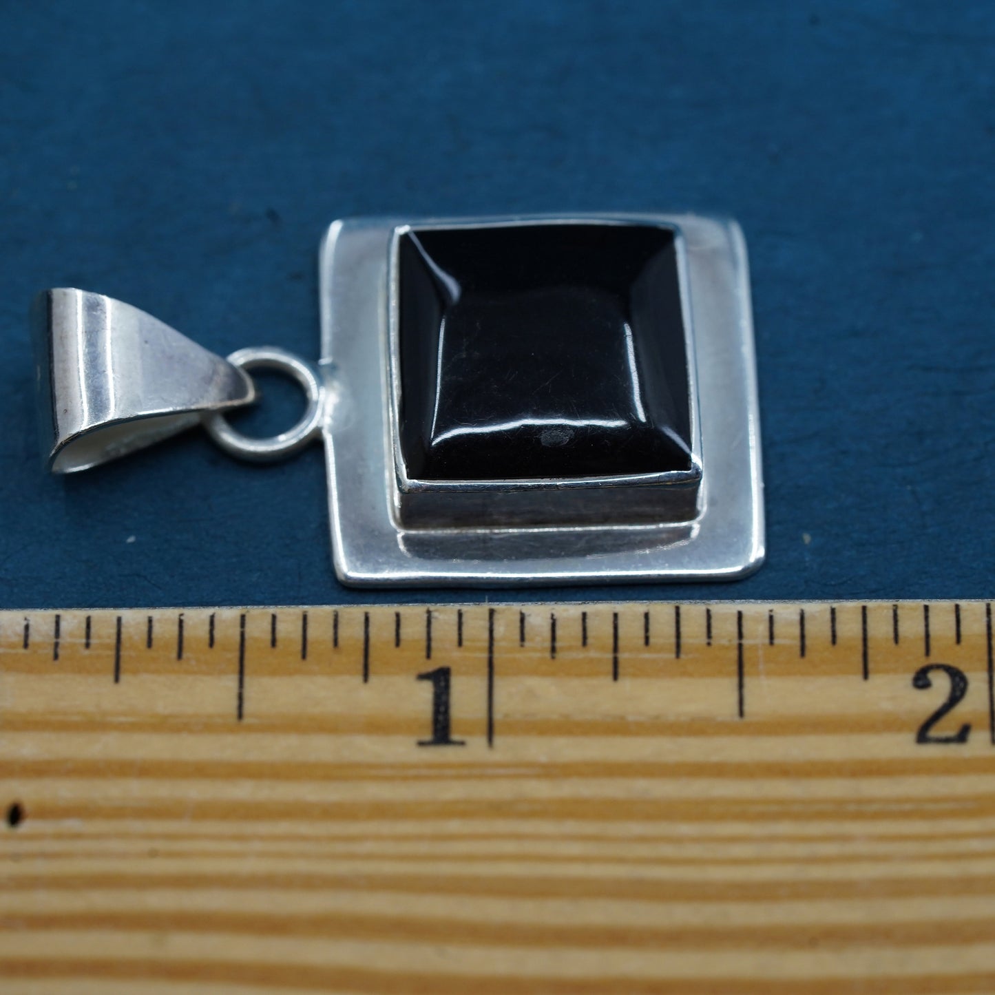 Vintage Sterling 925 silver handmade square pendant with onyx