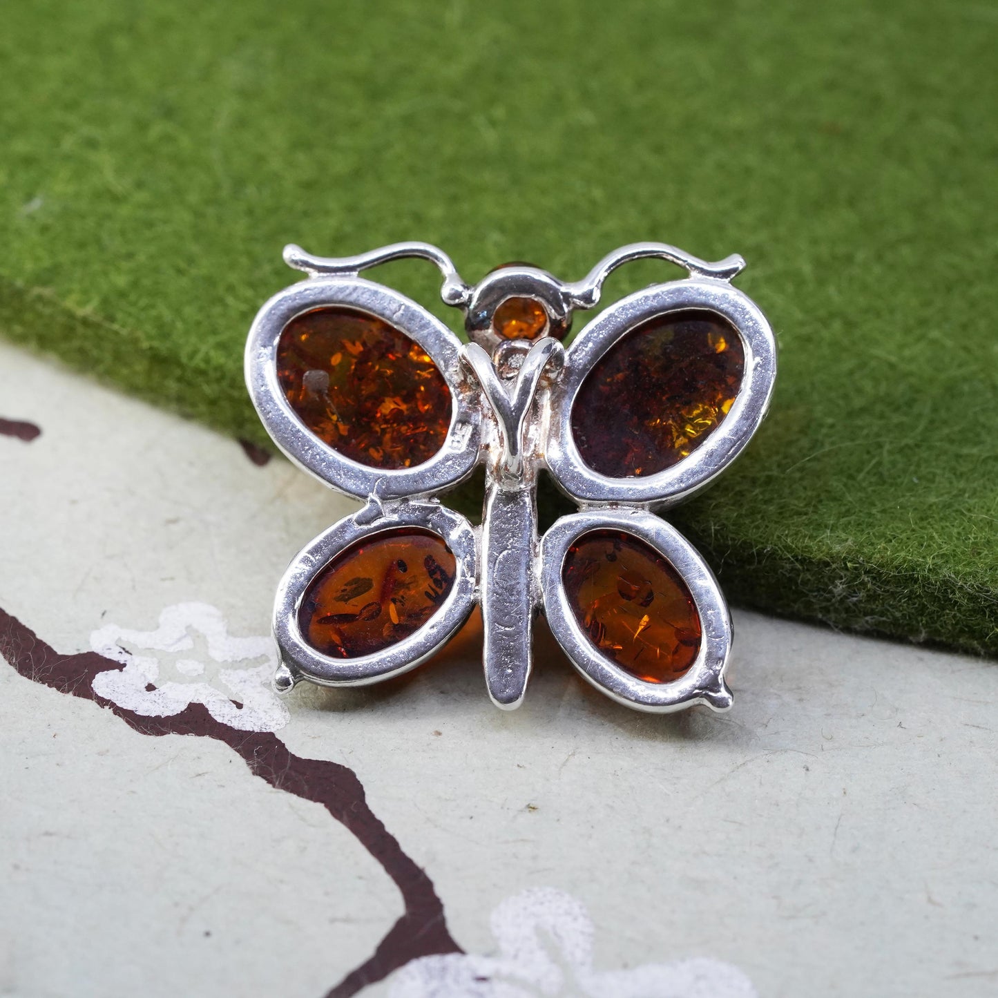 Vintage Sterling 925 silver handmade butterfly pendant with amber