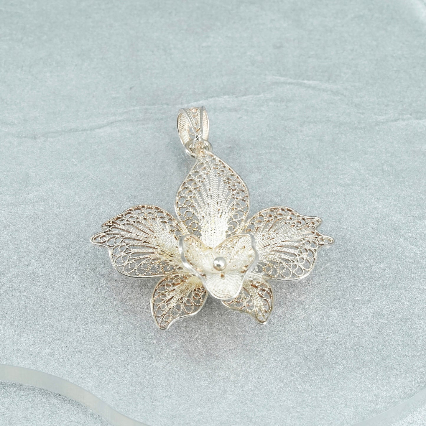 Vintage Sterling silver charm, 925 filigree flower pendant