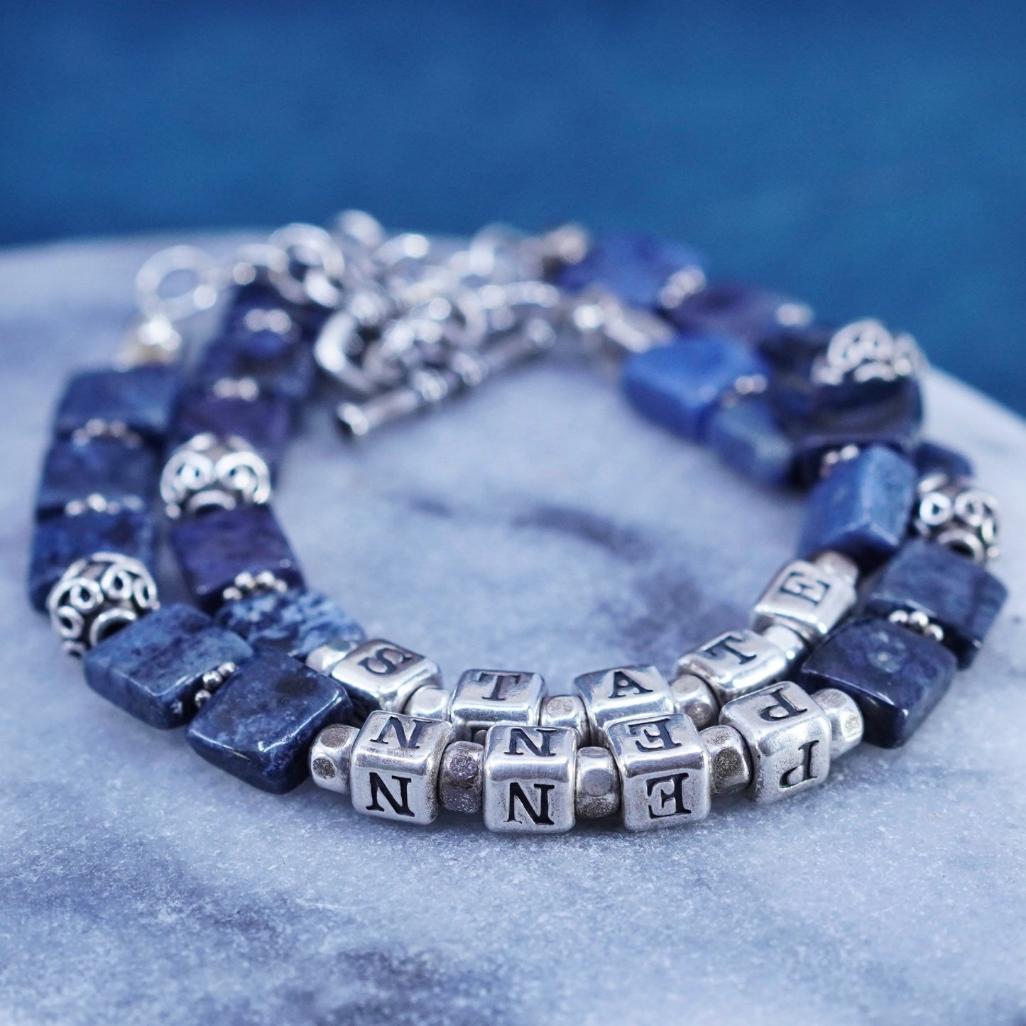 6.75”, Sterling silver handmade name “state penn” cube bracelet sodalite beads