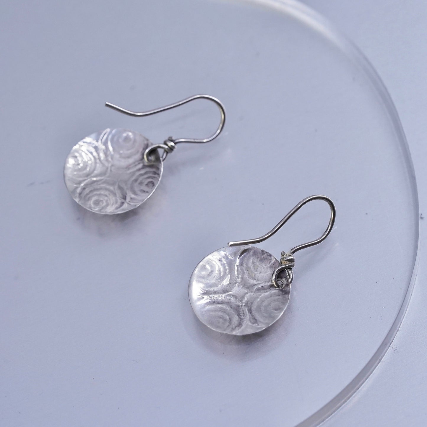 vintage Sterling silver handmade earrings, 925 circle textured dangles