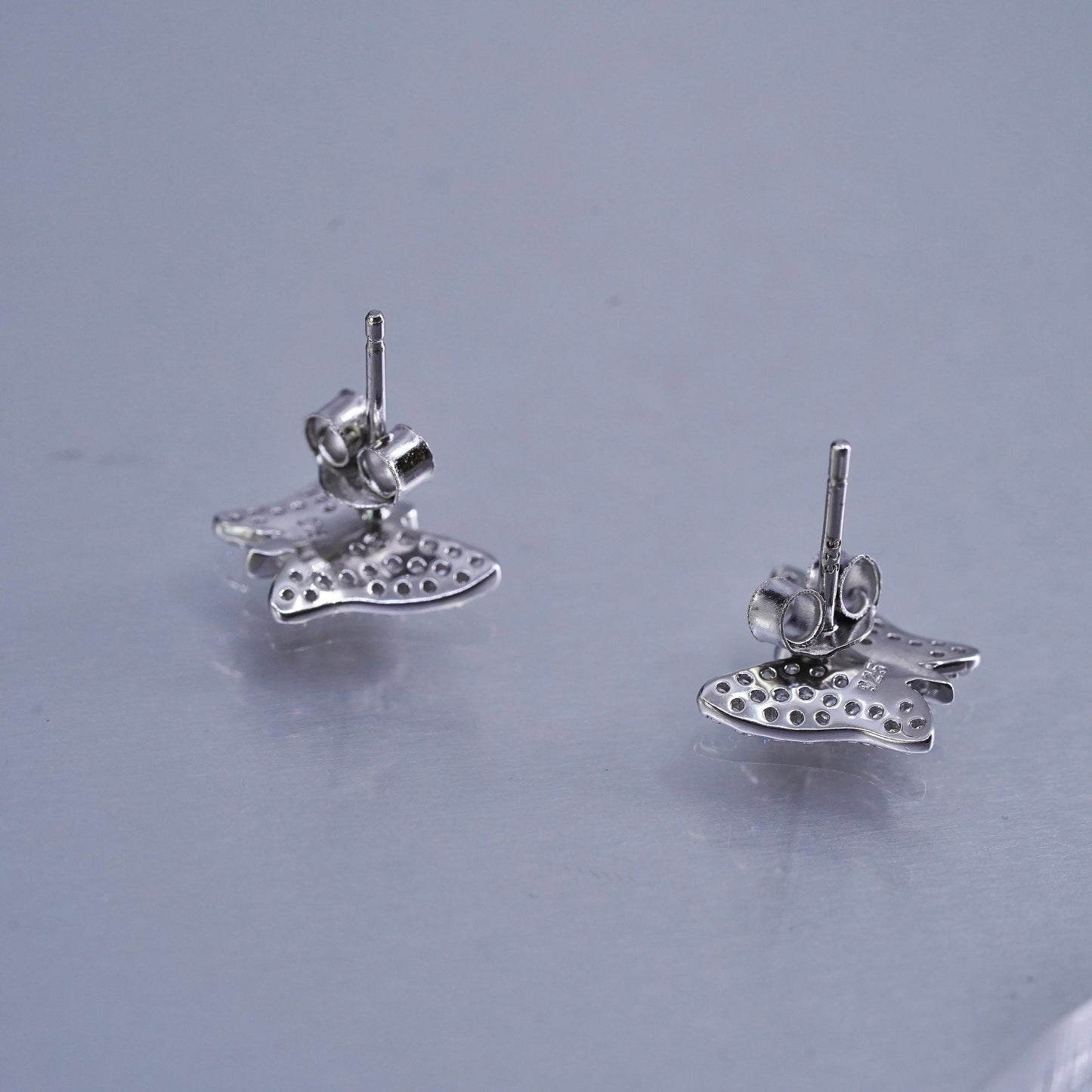 Vintage Sterling 925 silver handmade earrings, butterfly studs with cluster Cz