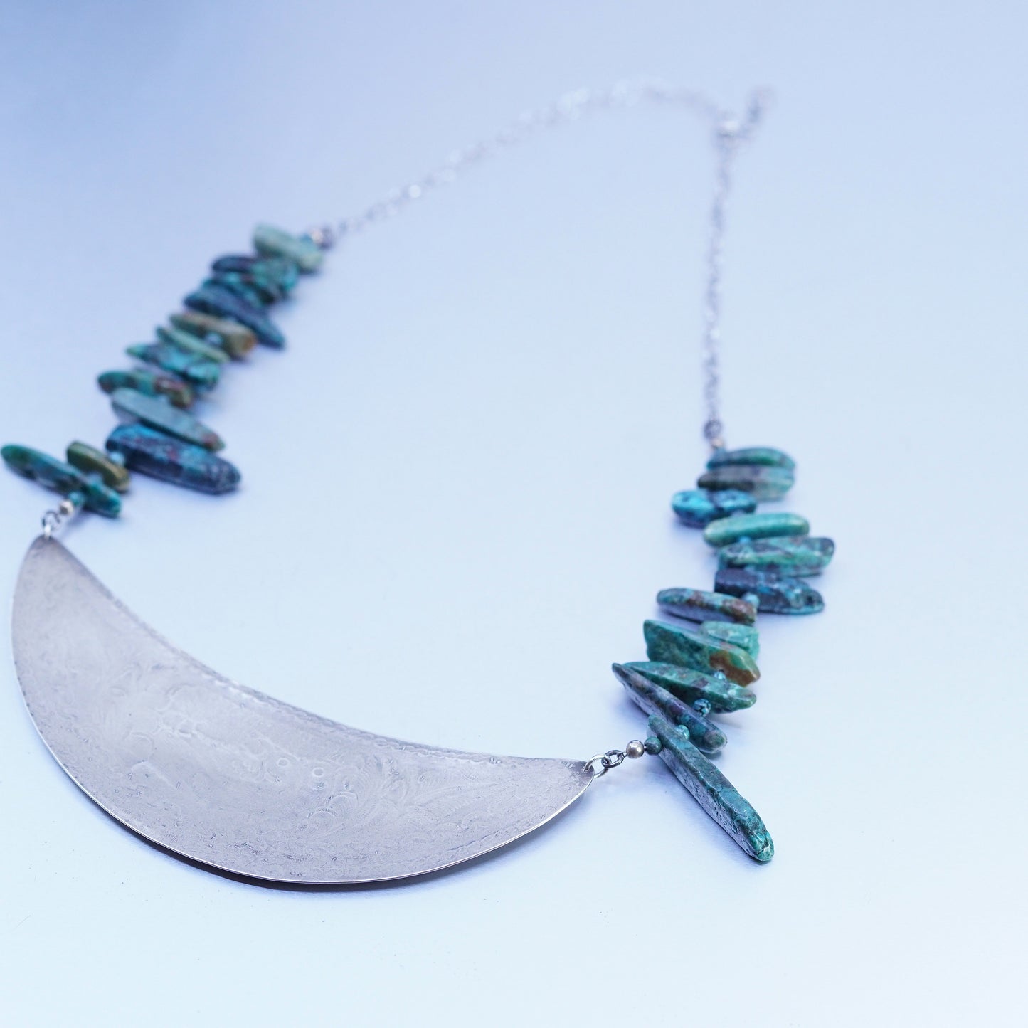 20”, Sterling 925 silver necklace with turquoise beads giant moon pendant bird