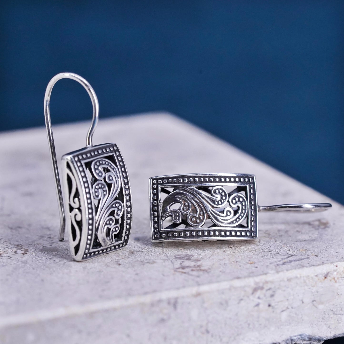 Vintage sterling silver handmade earrings, 925 filigree rectangle drops