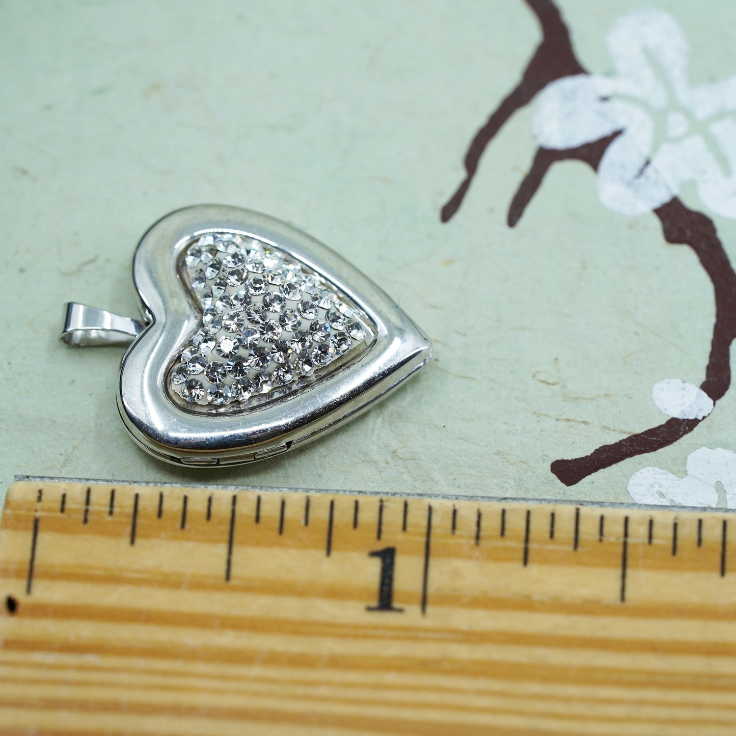 Vintage sterling silver photo locket charm pendant, 925 heart with cluster cz