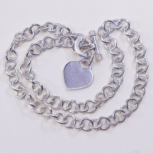 17” 9mm, Vtg 925 Sterling Silver Handmade Bold Circle chain Heart Charm necklace