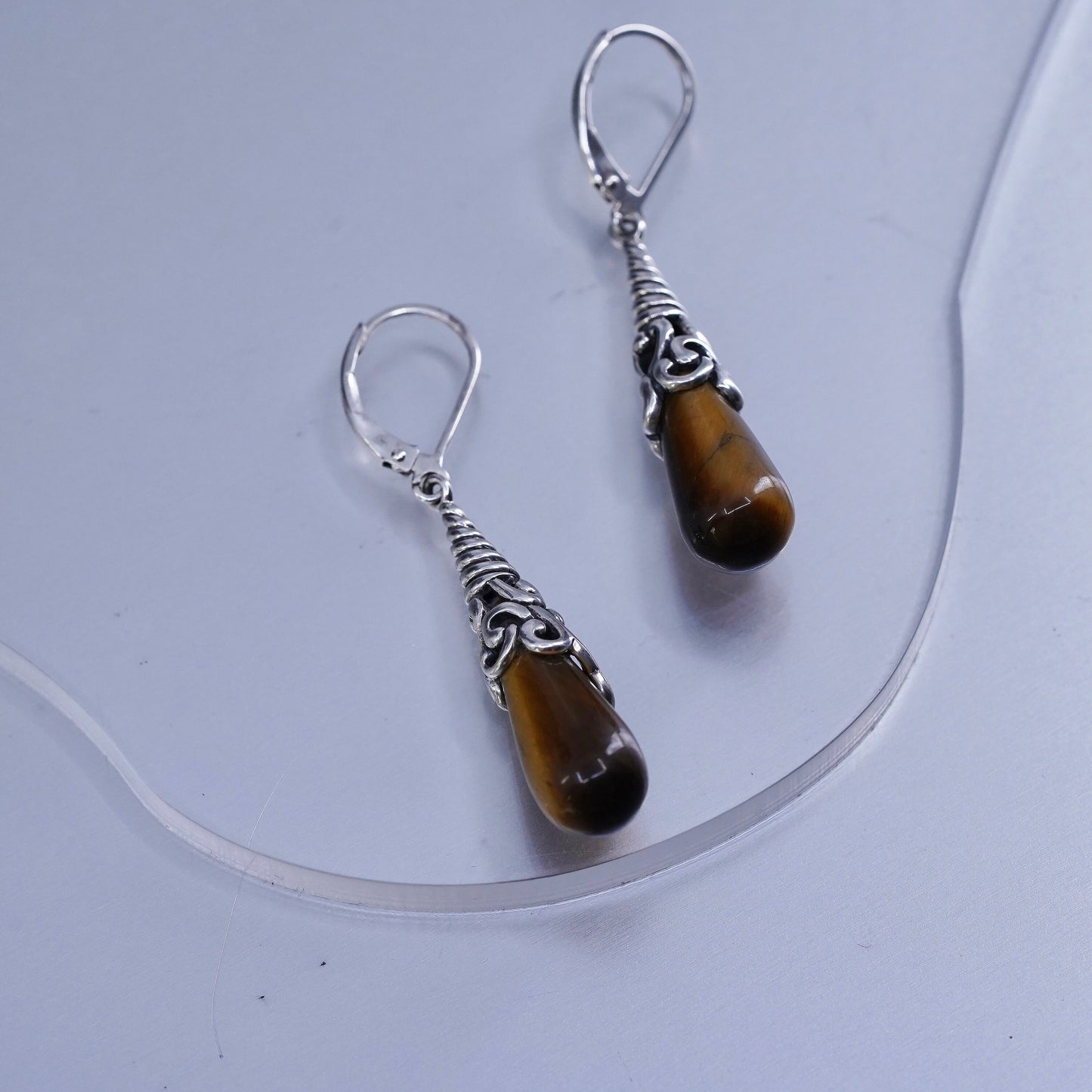 Vintage Sterling 925 silver handmade earrings with teardrop golden tiger eye