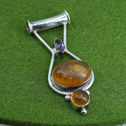 Vintage Sterling 925 silver handmade pendant with oval amber and amethyst