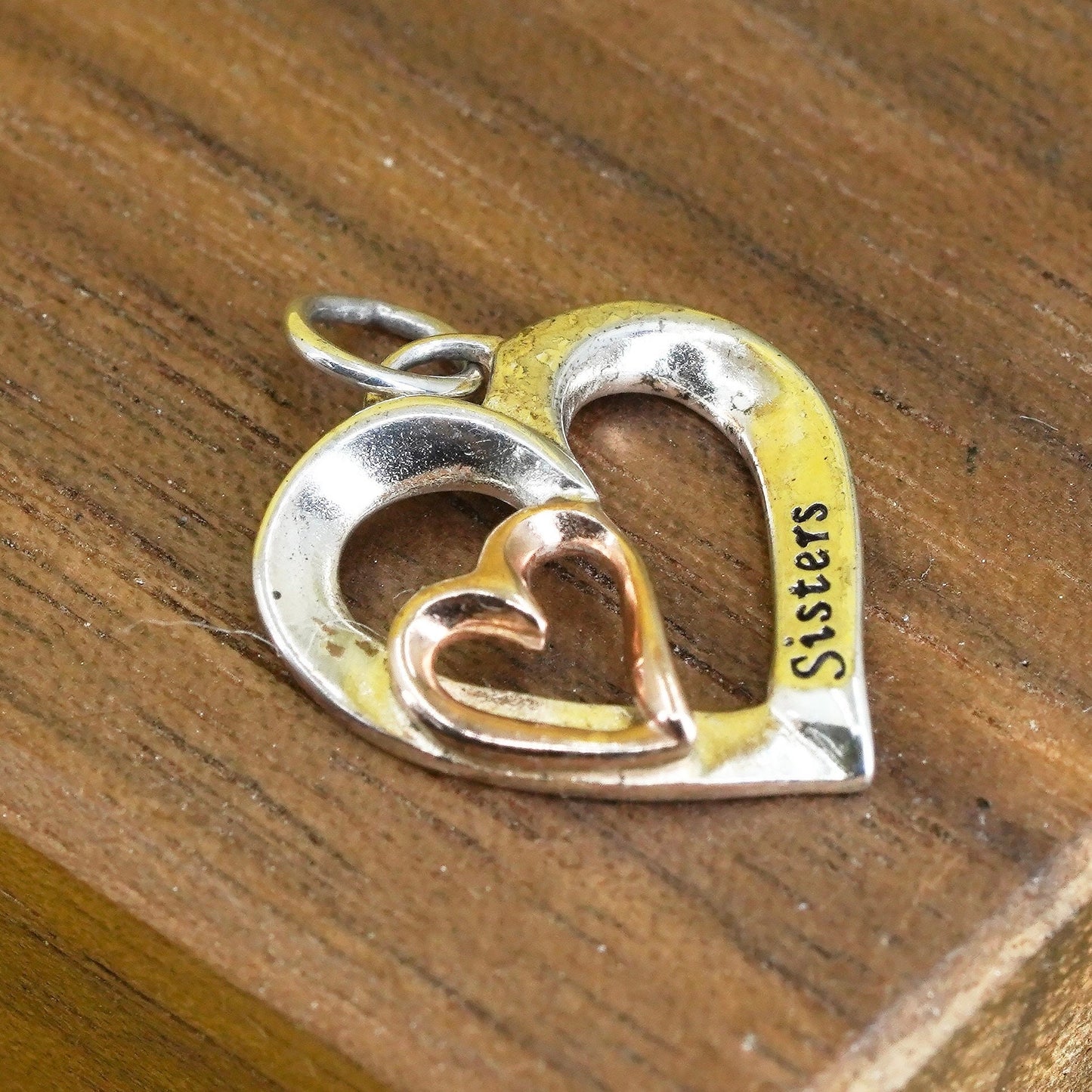 Sterling silver handmade pendant, 925 double heart charm embossed “sisters”