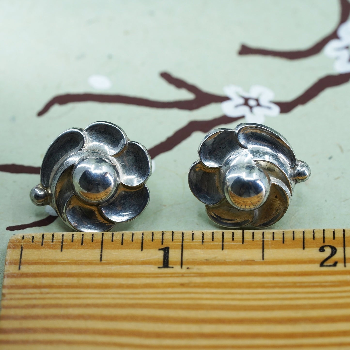 Vintage Sterling silver handmade earrings, 925 screw back rose flower earrings