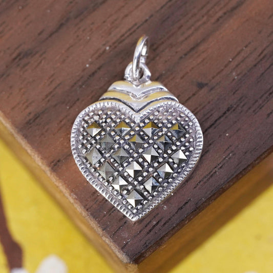 Vintage Sterling silver handmade pendant, heart 925 pendant with marcasite