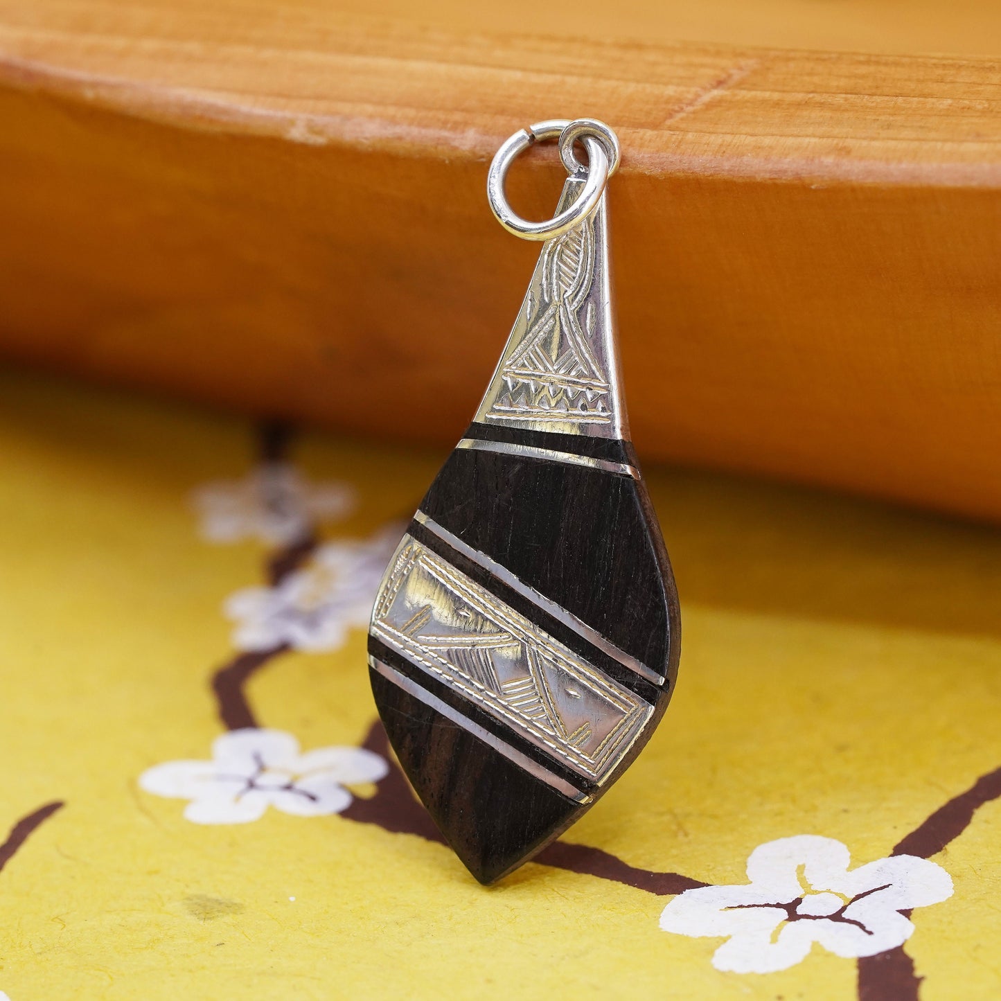 Vintage Sterling 925 silver handmade teardrop pendant with black wood