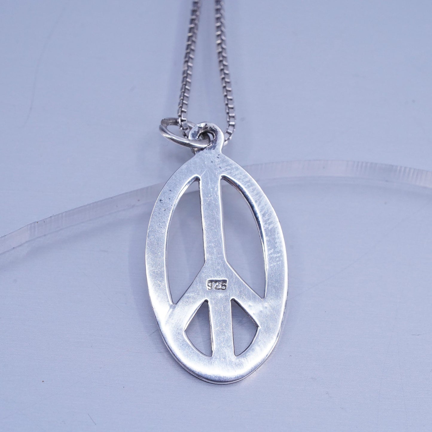 18”, Vintage Sterling silver necklace, box chain with 925 peace sign pendant