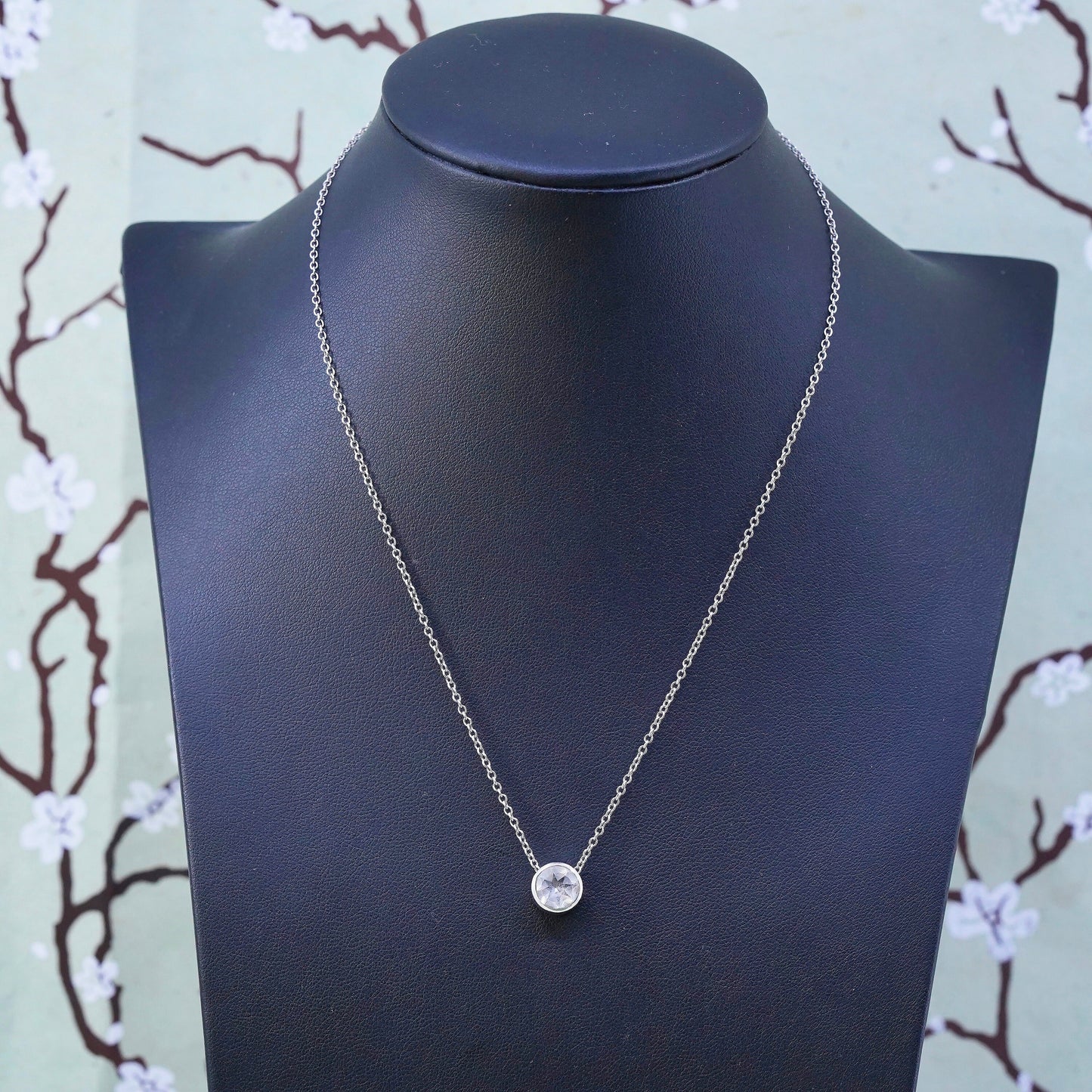 16”, Sterling silver necklace, 925 silver circle chain circle crystal pendant