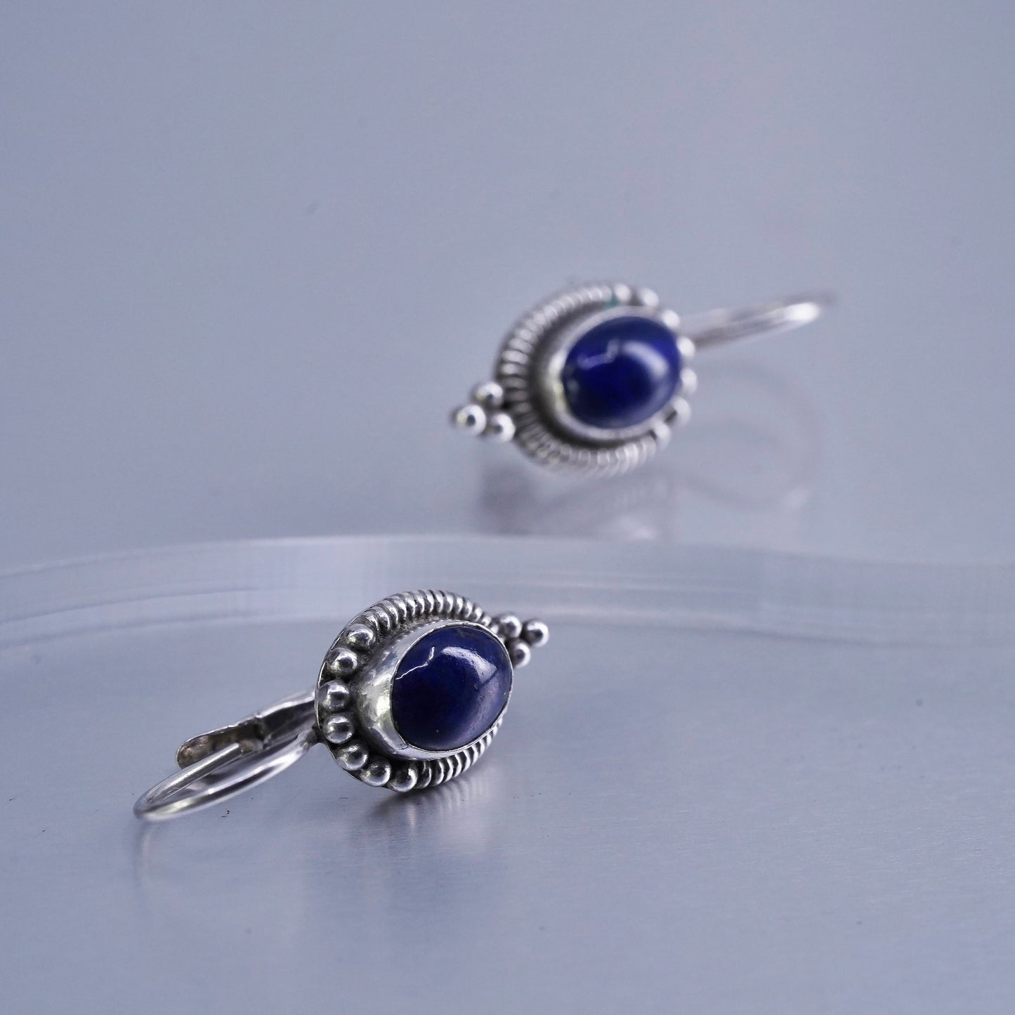 Vintage Sterling 925 silver handmade earrings with oval lapis lazuli