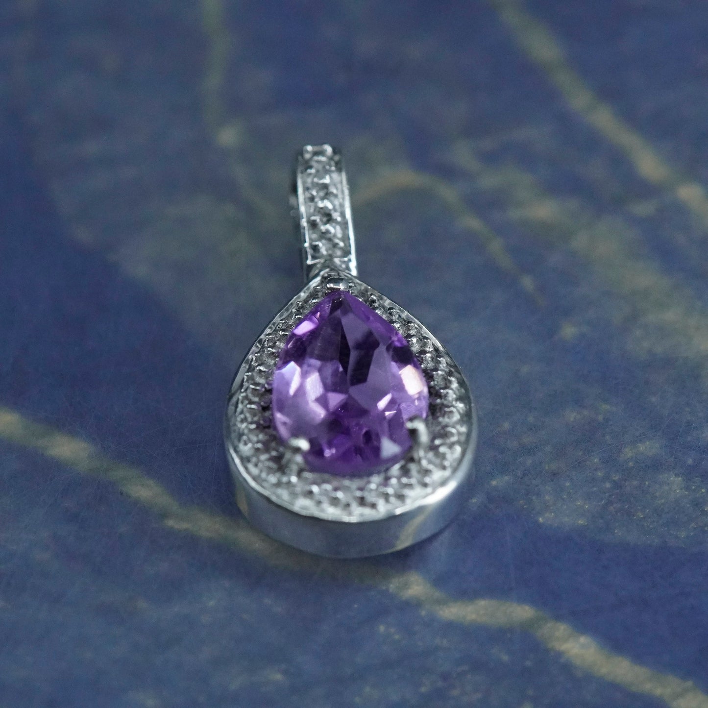 Vintage sterling 925 silver teardrop pendant with amethyst and cz