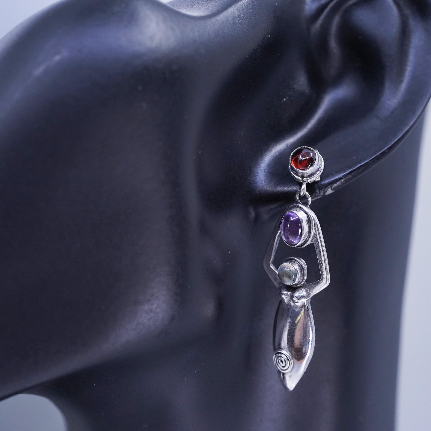 southwestern Sterling 925 silver fertility goddess earrings moonstone garnet