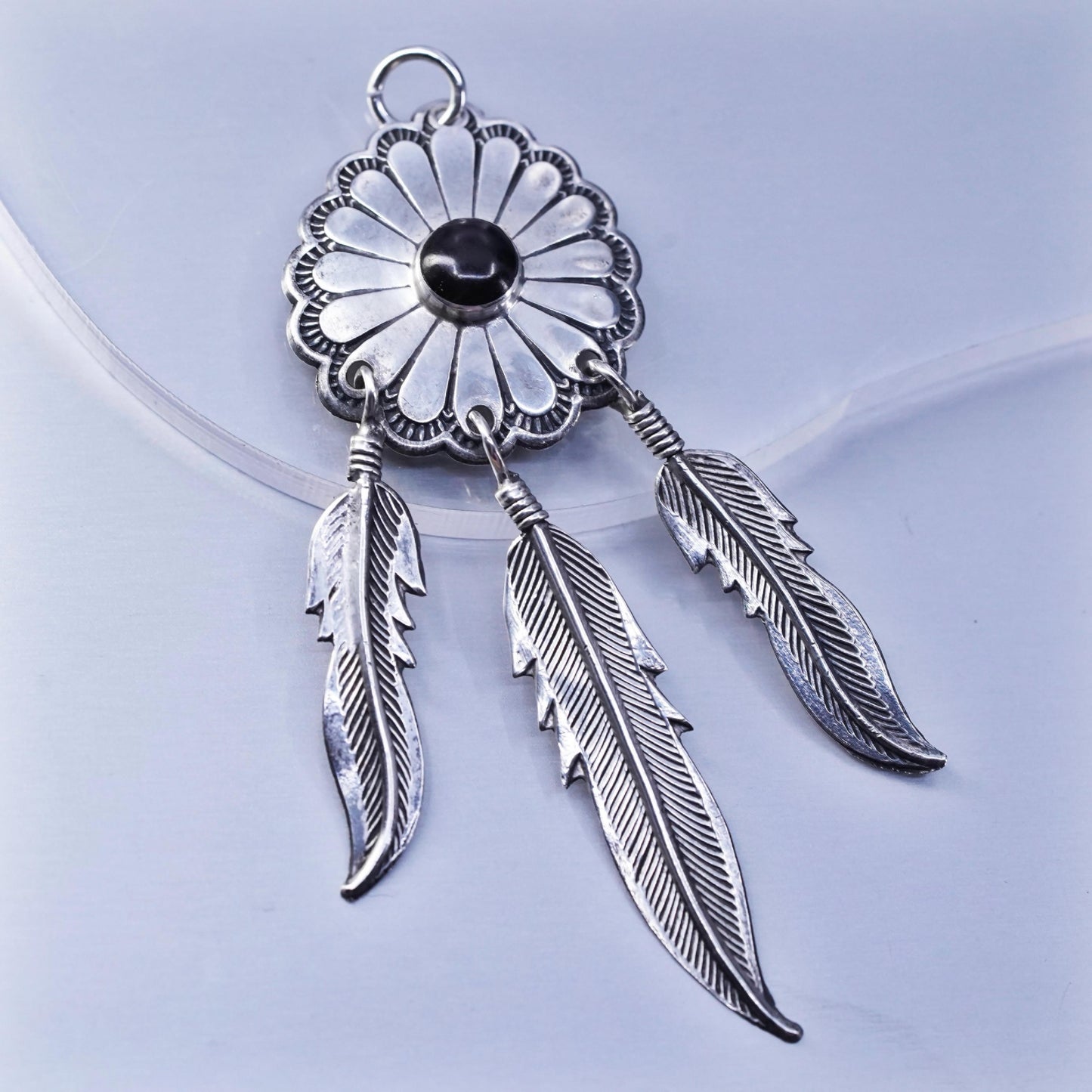 Native American southwestern sterling 925 silver onyx pendant feather dangles