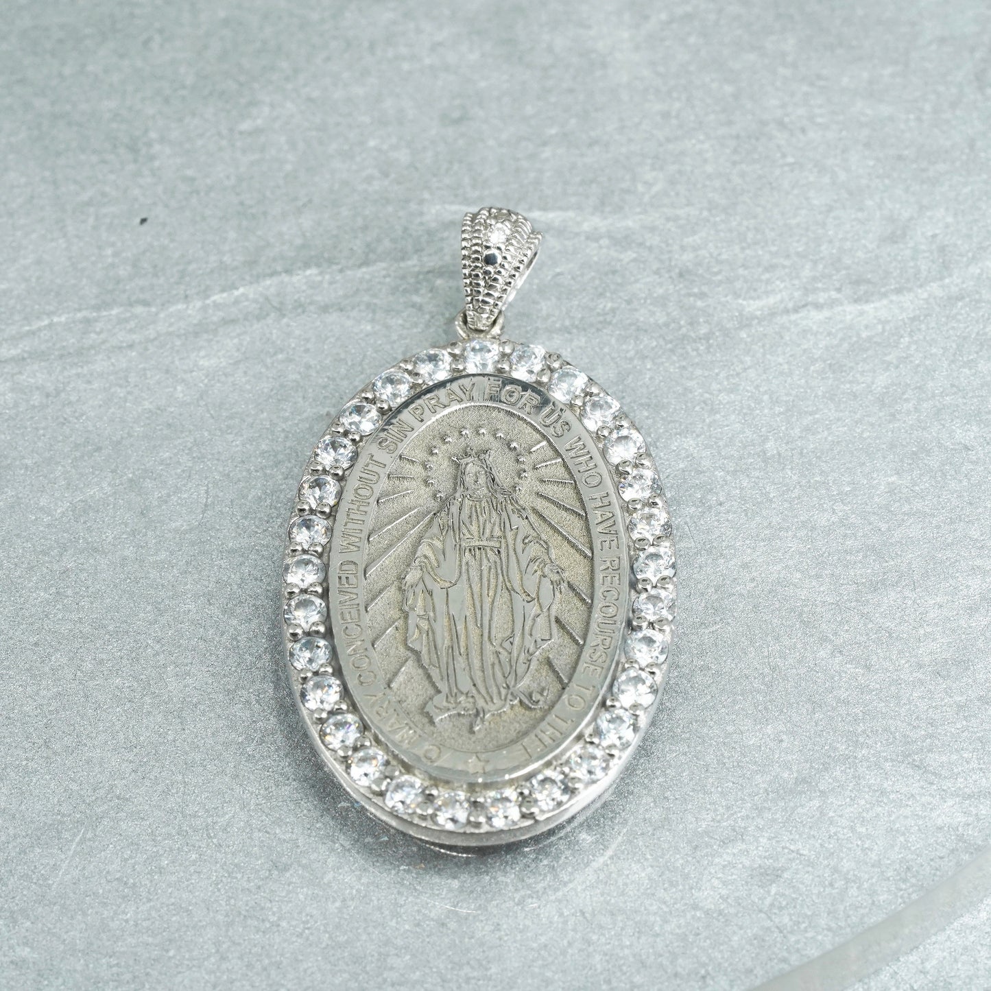 Vintage sterling 925 silver Virgin Mary pendant charm with cz engraved “Mary