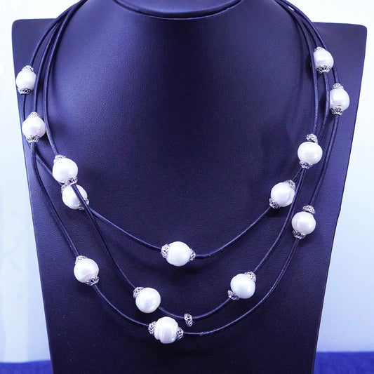 18+2”, Sterling 925 silver handmade black leather necklace with genuine pearl