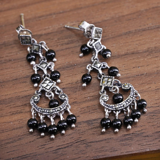 Vintage Sterling 925 silver handmade earrings with marcasite and obsidian beads