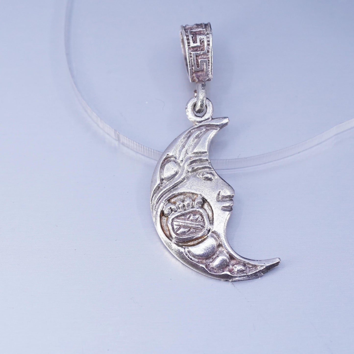 Sterling Silver 950 Oro Maya Plata Mexicana LEY Aztec Cartouche moon Pendant