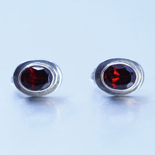Vintage Sterling 925 silver handmade earrings, oval studs with ruby
