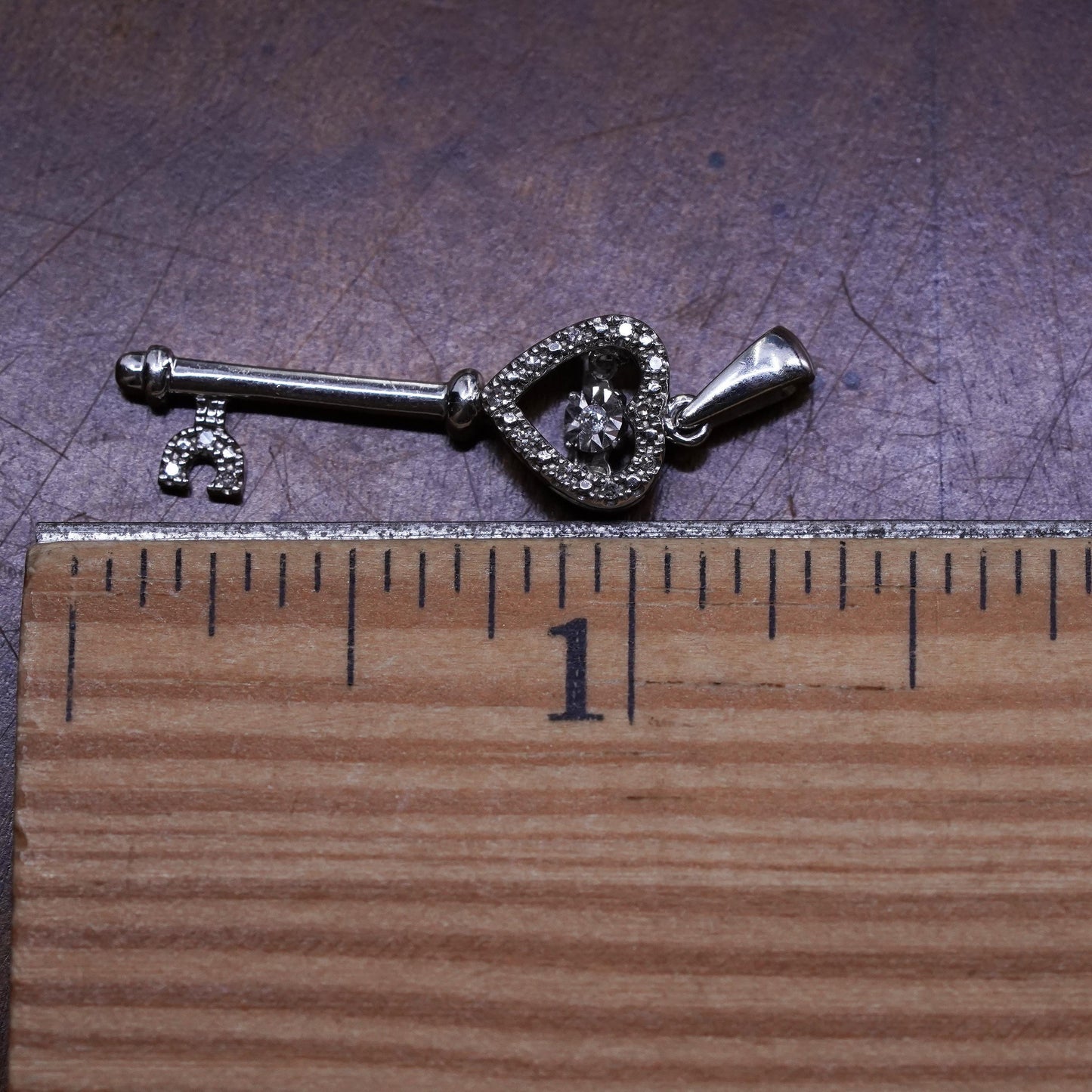 Vintage Sterling silver pendant, 925 heart key with dancing diamond