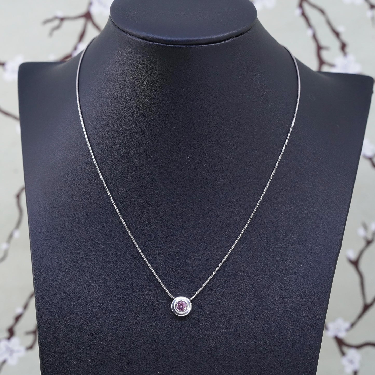 16", Sterling 925 silver snake chain necklace with pink crystal circle pendant