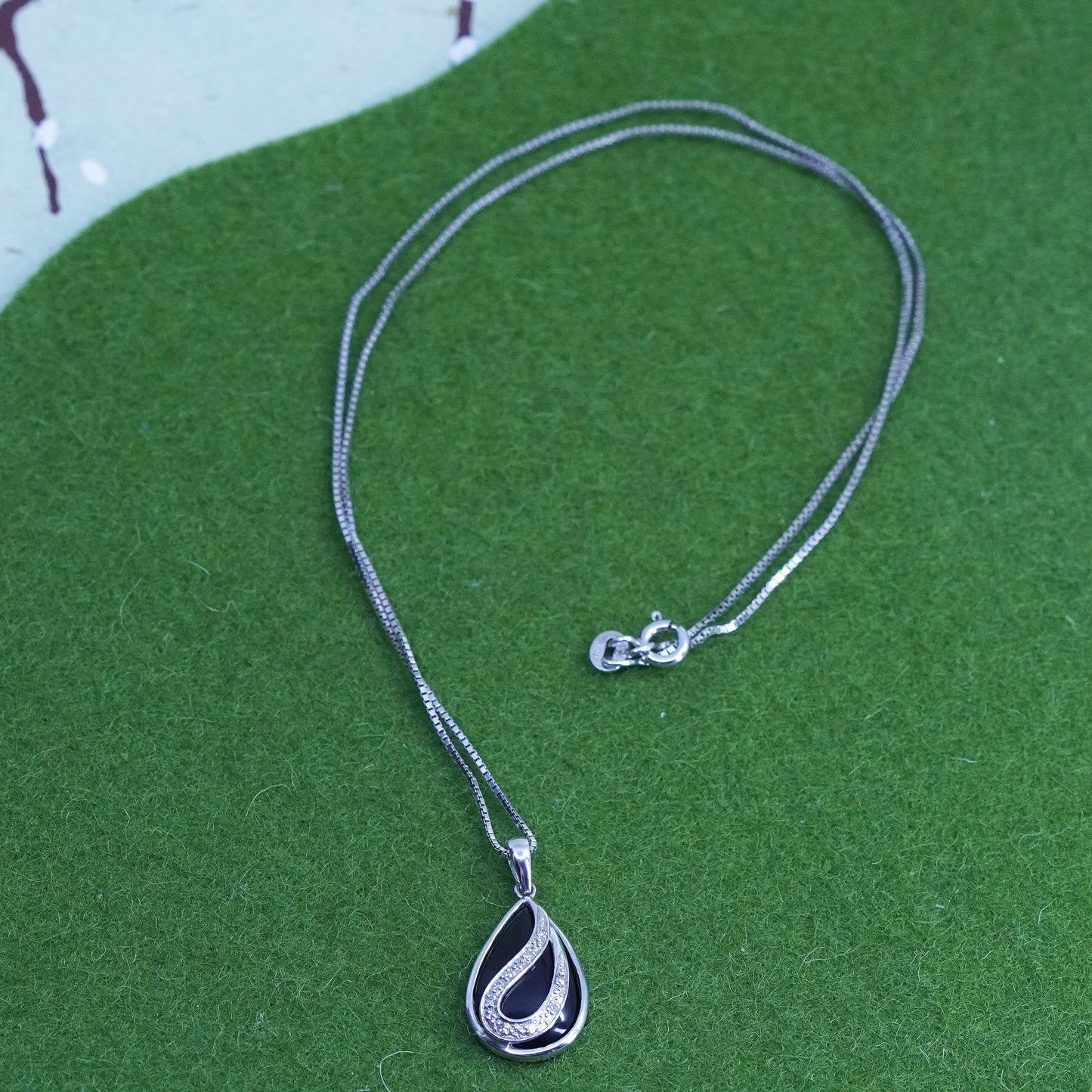 18", sterling 925 silver necklace, teardrop onyx diamond pendant with box chain