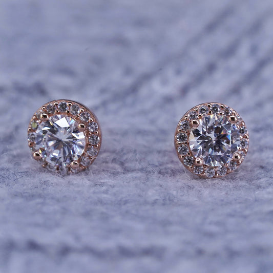 Vintage vermeil rose gold over sterling silver earrings, 925 studs with cz