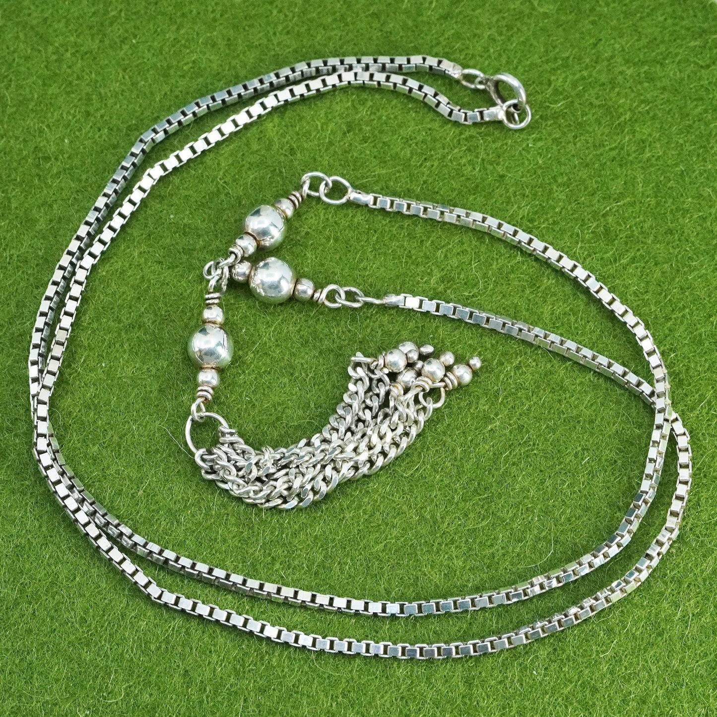 22”, Italy sterling 925 silver handmade box chain necklace with fringe pendant