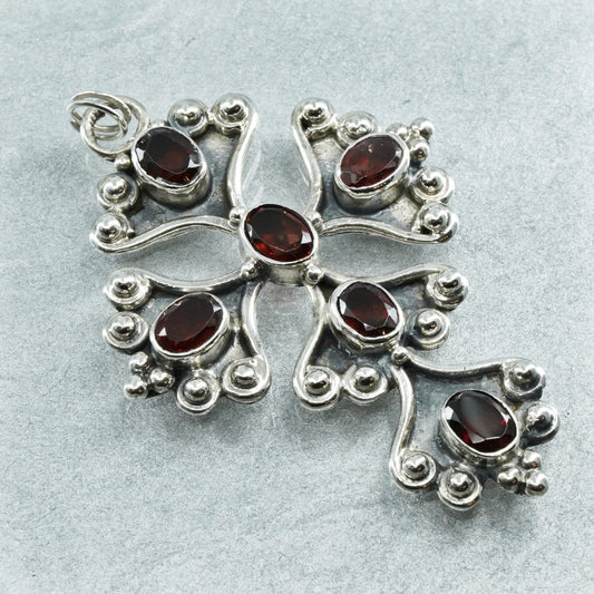 Vintage sterling 925 silver cross pendant with ruby and beads