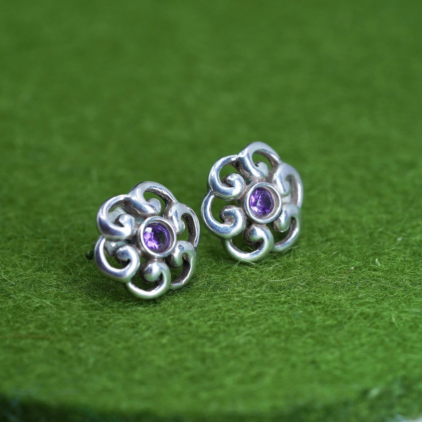 Vintage Sterling silver handmade earrings, 925 flower studs with amethyst