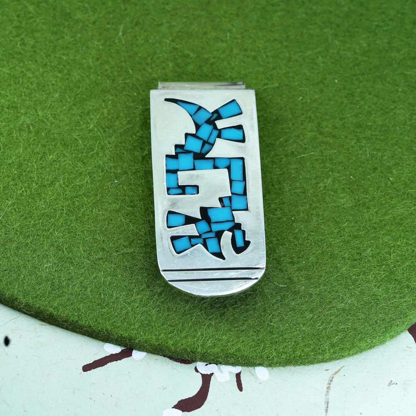 sterling silver handmade money clip, Mexican 925 silver clip w/ turquoise inlay