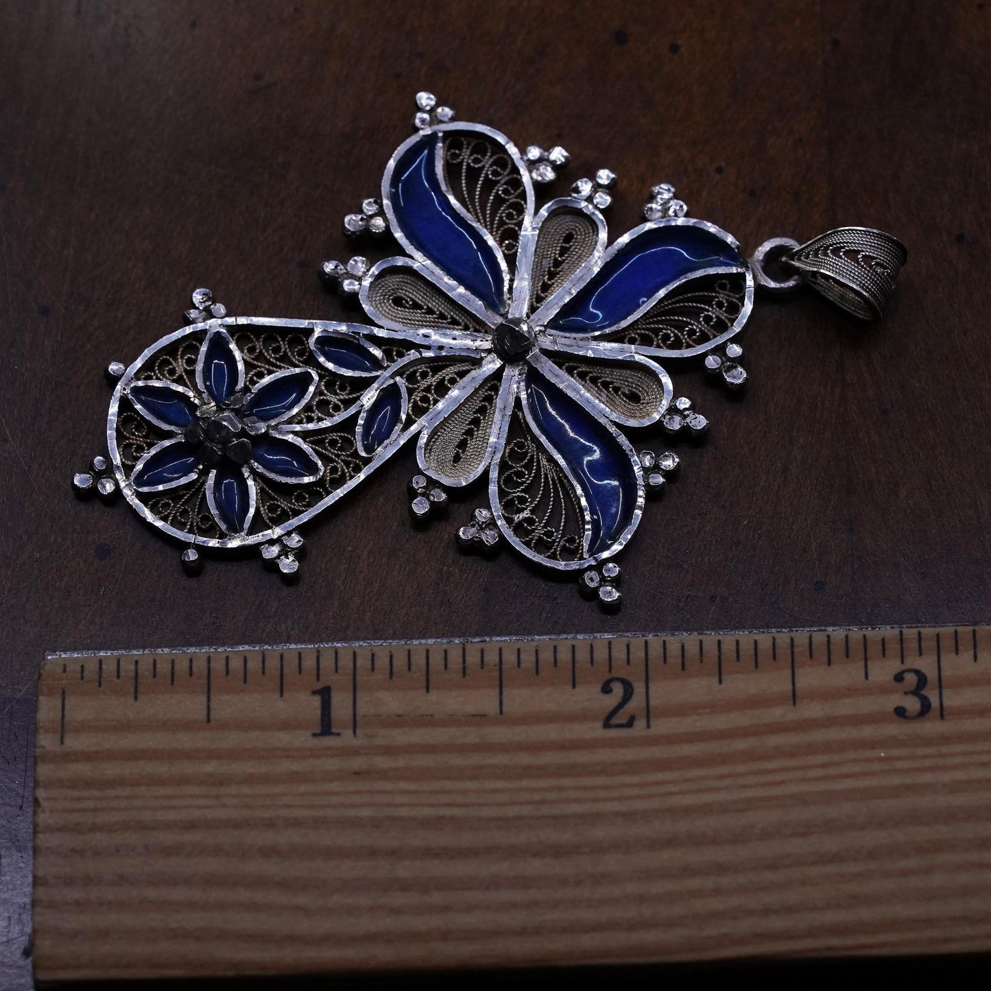 Vintage Sterling silver handmade pendant, huge 925 filigree cross blue enamel