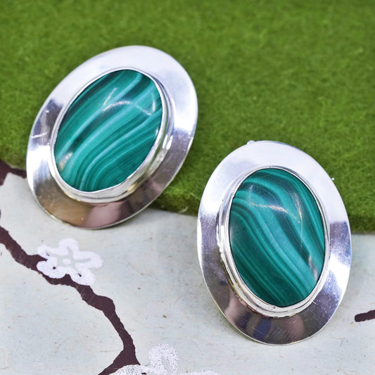 Vintage southwestern Mathews sterling silver malachite earrings, oval 925 studs