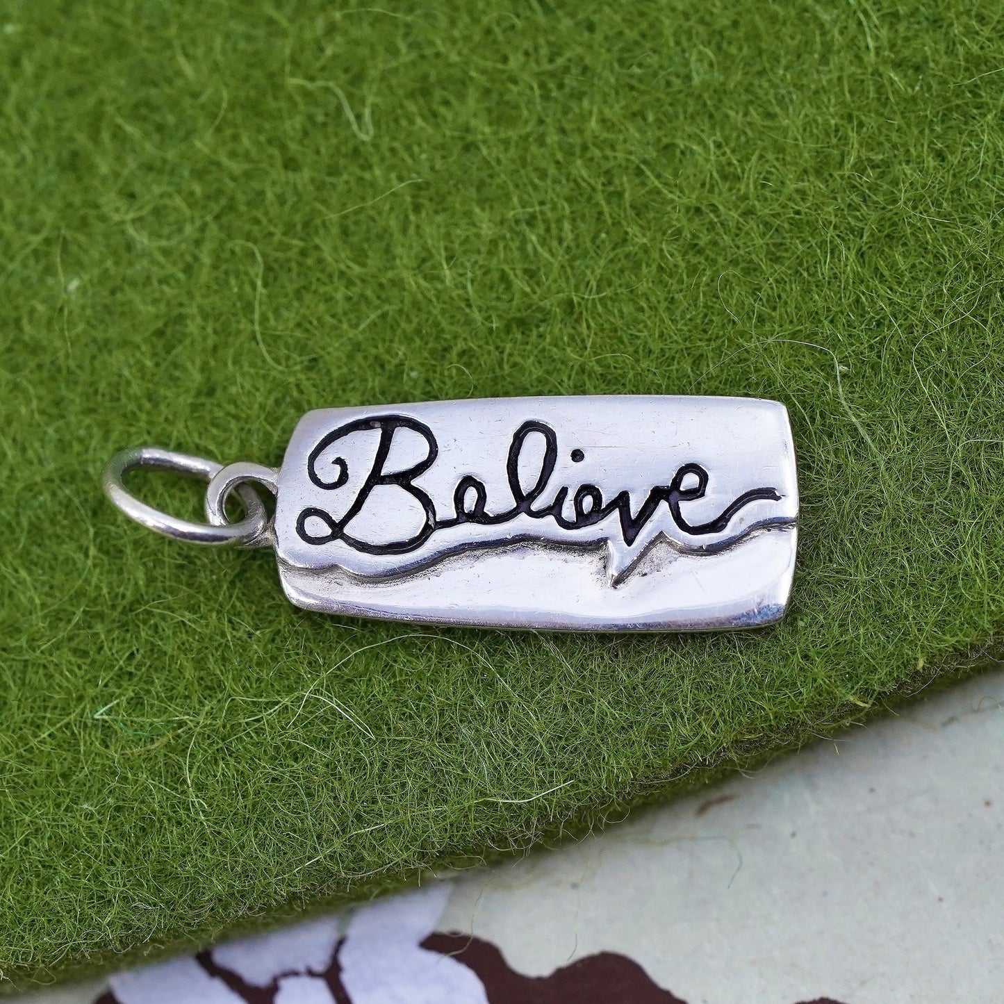 Vintage sterling silver charm, 925 silver tag with "believe" embossed