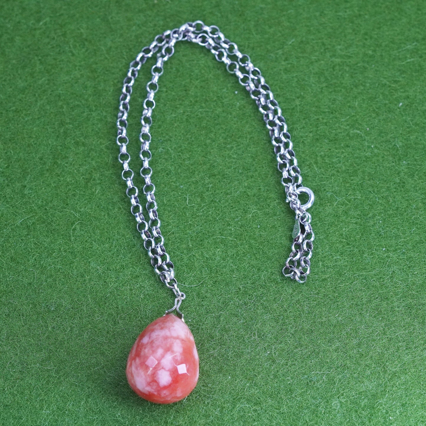 13", sterling 925 silver necklace, circle chain rose pink teardrop pendant