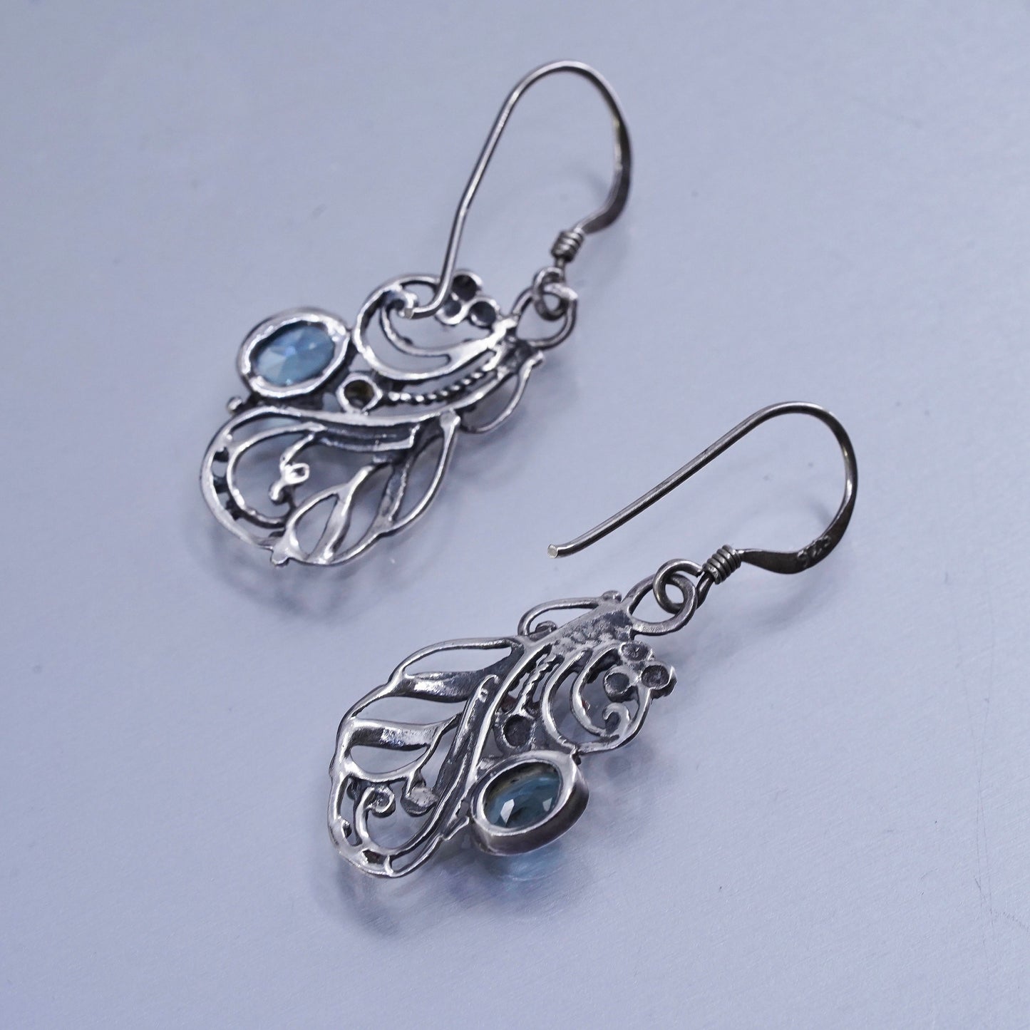 Vintage Sterling 925 silver filigree beaded earrings with blue topaz