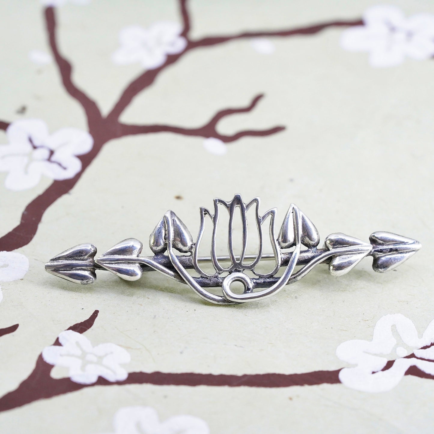 Vintage long sterling silver handmade brooch, 925 flower pin