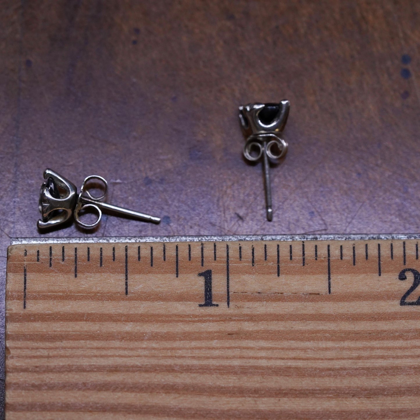 Vintage sterling silver handmade earrings, 925 oval studs with onyx inlay