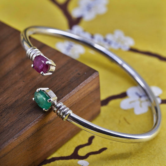 6.5", modern Sterling silver bracelet, 925 wrap bangle with ruby and emerald