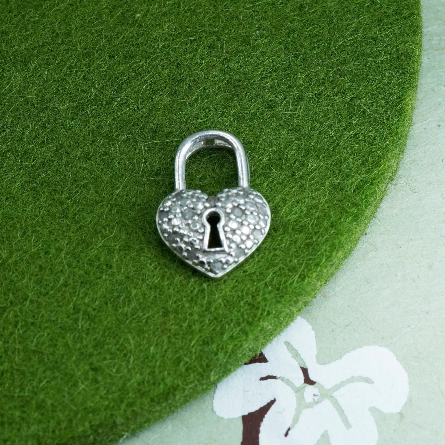 vintage Sterling silver Pendant, 925 heart lock with real diamond