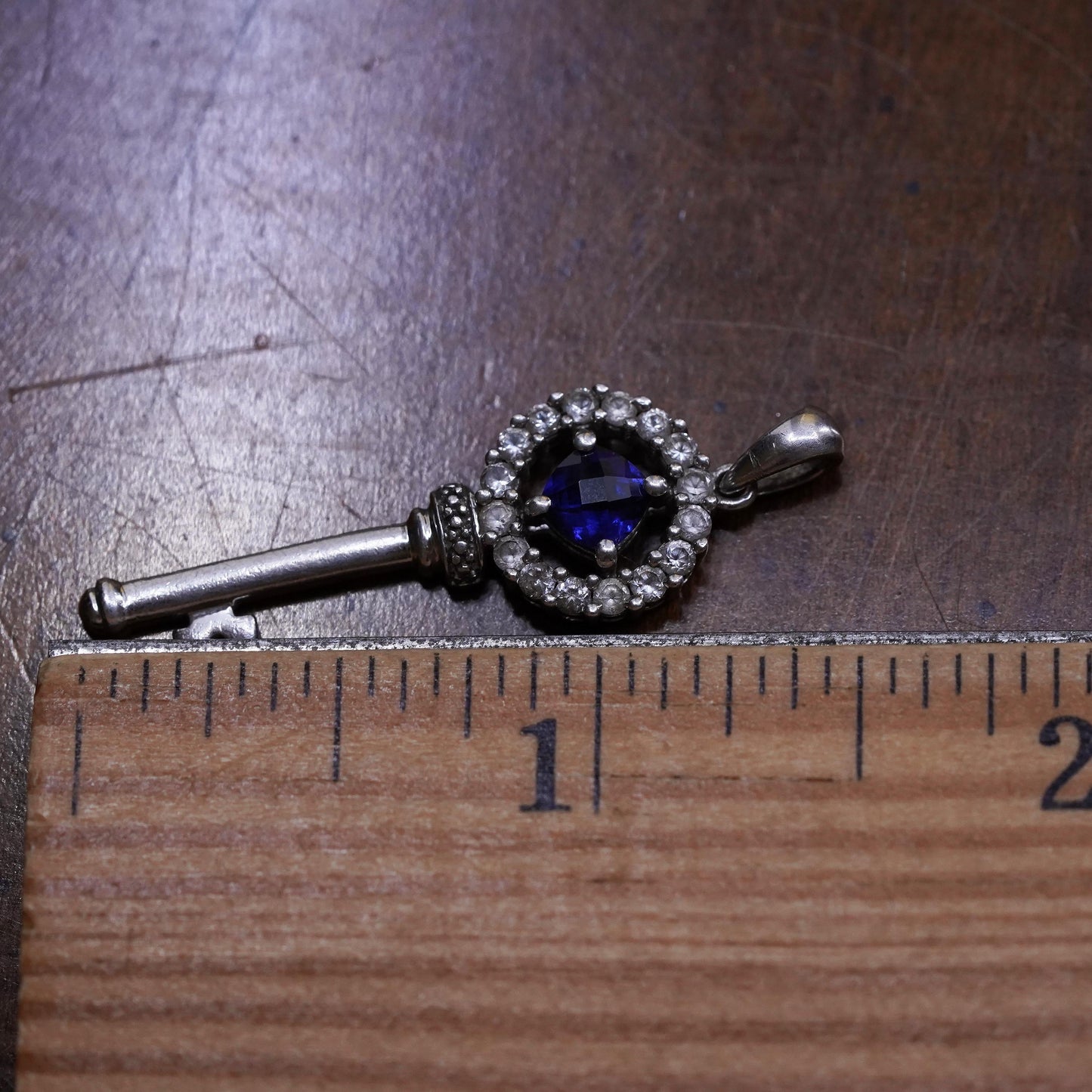 Vintage Sterling silver handmade pendant, 925 key with sapphire and Cz around