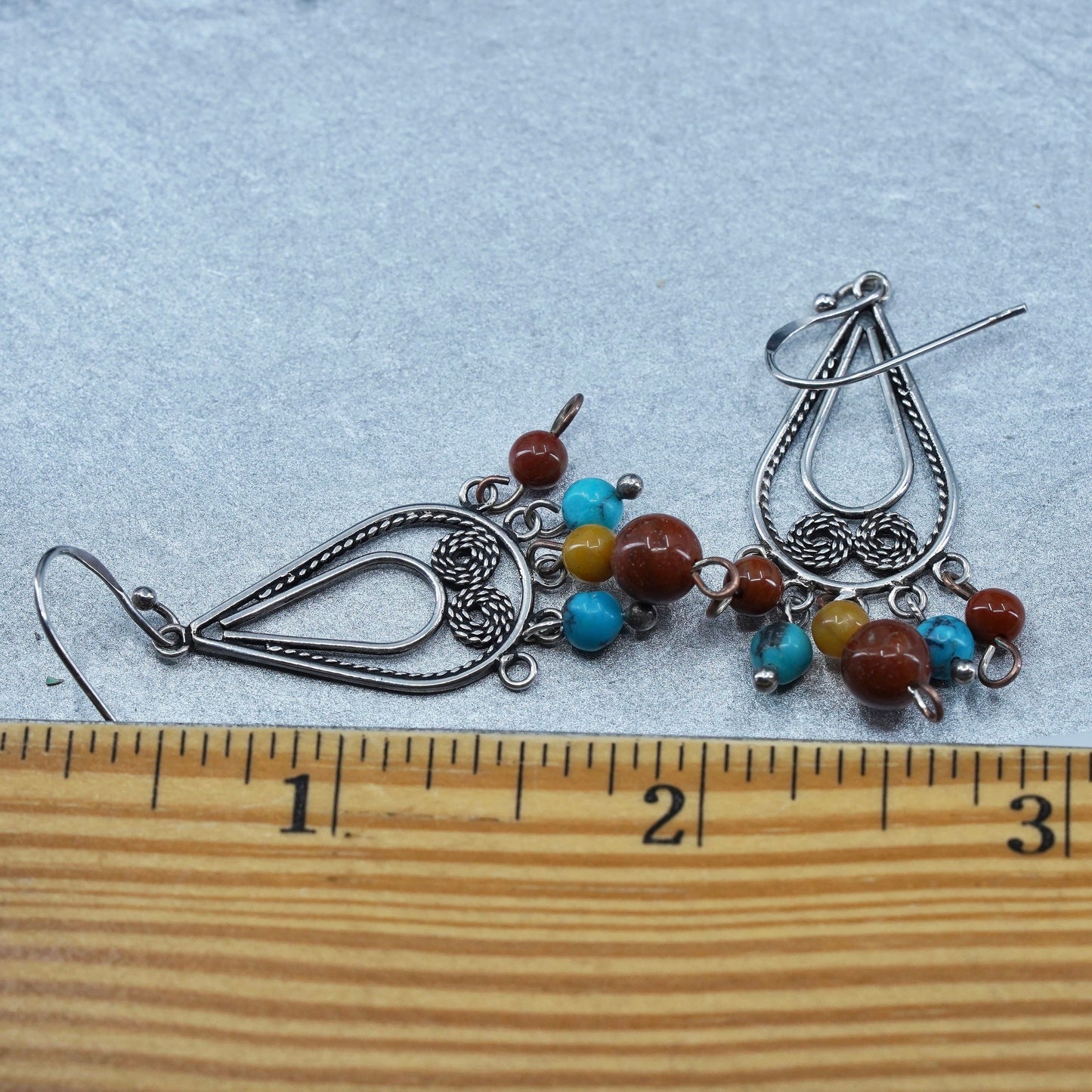 Vintage Sterling 925 silver filigree teardrop earrings with turquoise jasper