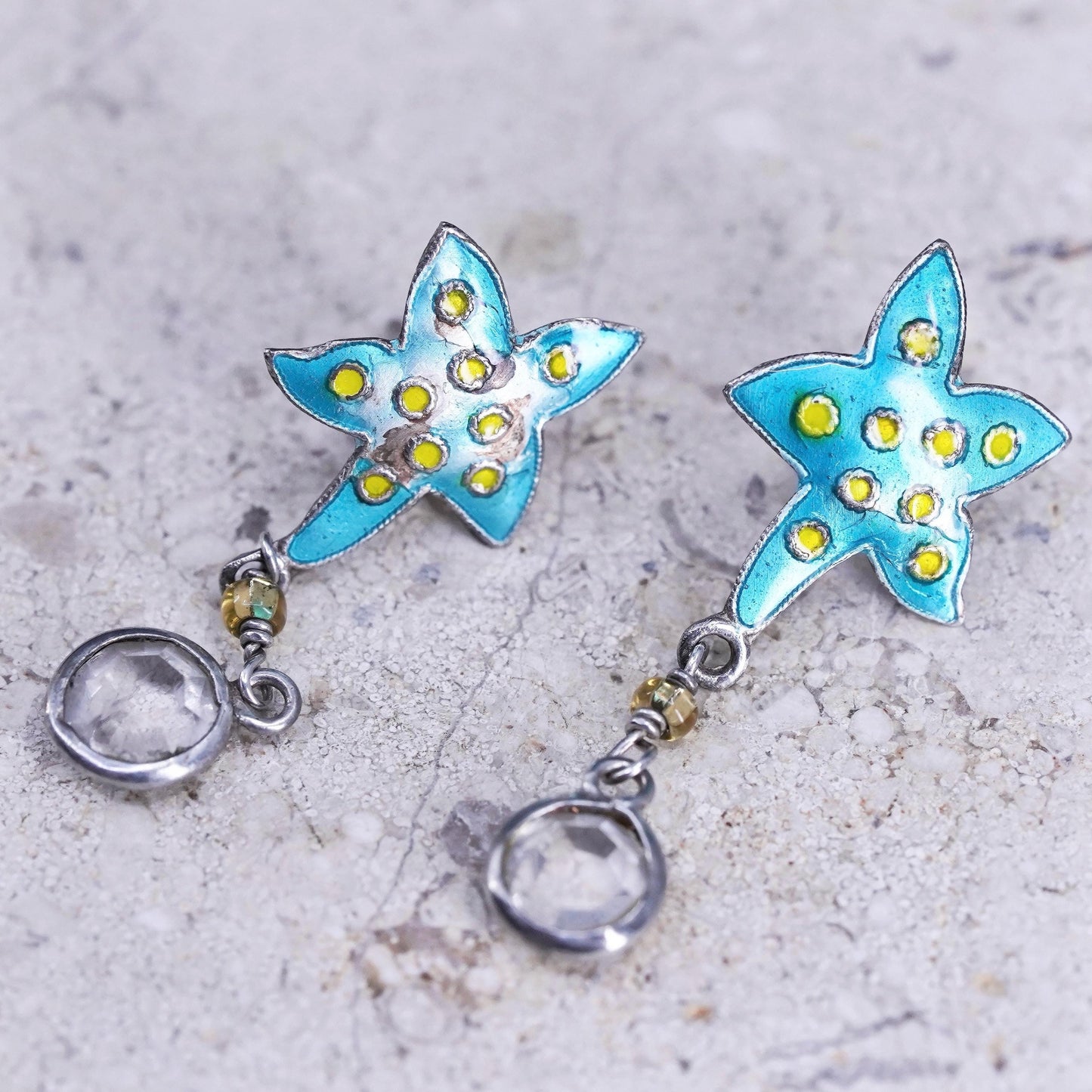 Vintage Sterling 925 silver handmade earrings, blue enamel starfish crystal