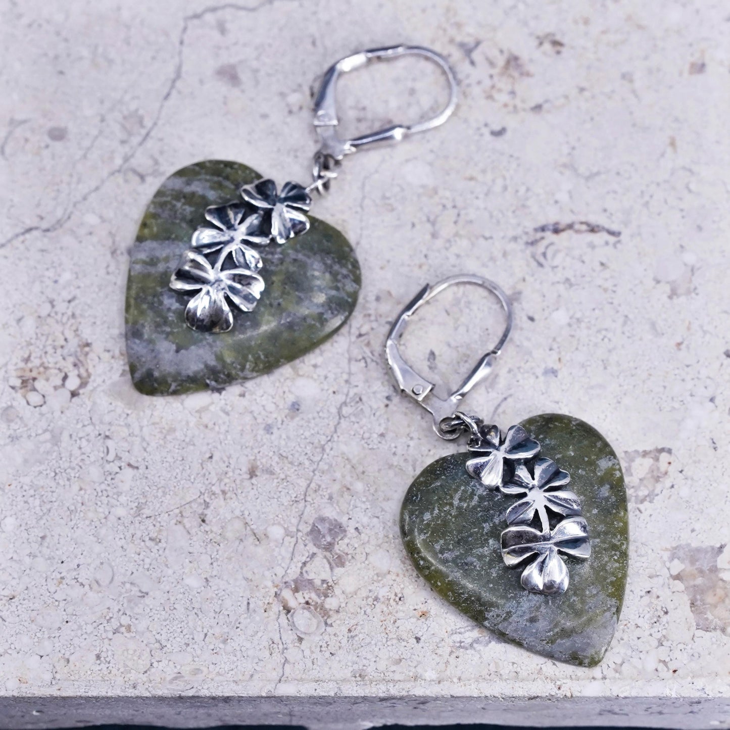 Irish Sterling 925 silver clover earrings heart connemara marble lever back